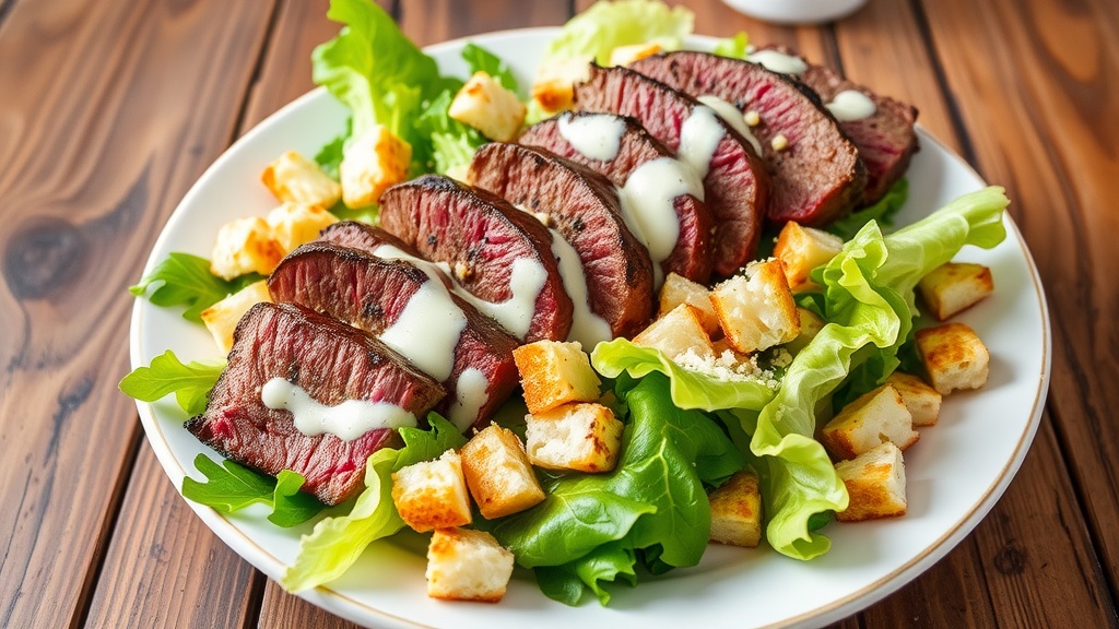 Grilled Beef Caesar Salad with Homemade Dressing Grilled Beef Caesar Salad with romaine, croutons, and Parmesan on a wooden table.